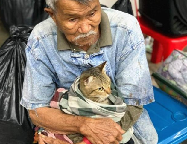 风暴撤离现场，爷爷紧紧抱着自己的猫，画面太暖了(图1)